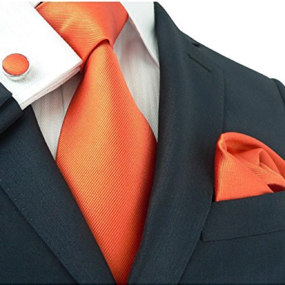 Solids Mens Silk Tie Set: Necktie+Hanky+Cufflinks